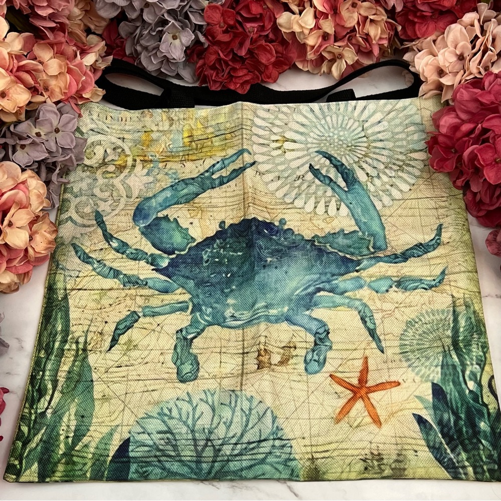 Eco-Friendly Nautical Blue Crab Folding Tote Bag - Picture 8 of 15